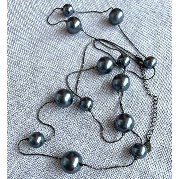 Express Long Black Chain Necklace 10 to 15mm Grey Beads 41" to 44" w/ Extender - Picture 3 of 8